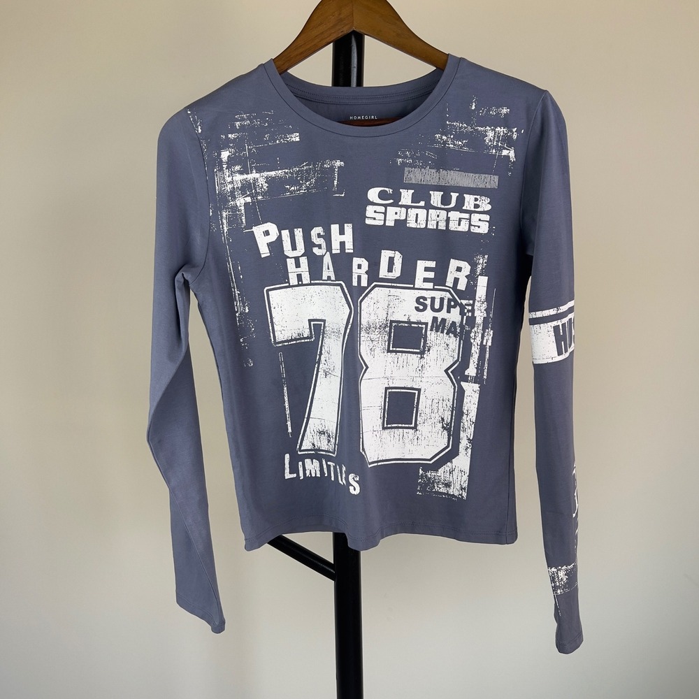 Homegirl Society XL Blue Gray Graphic Long Sleeve Tee Club Sports Push Harder 78 - Picture 1 of 8